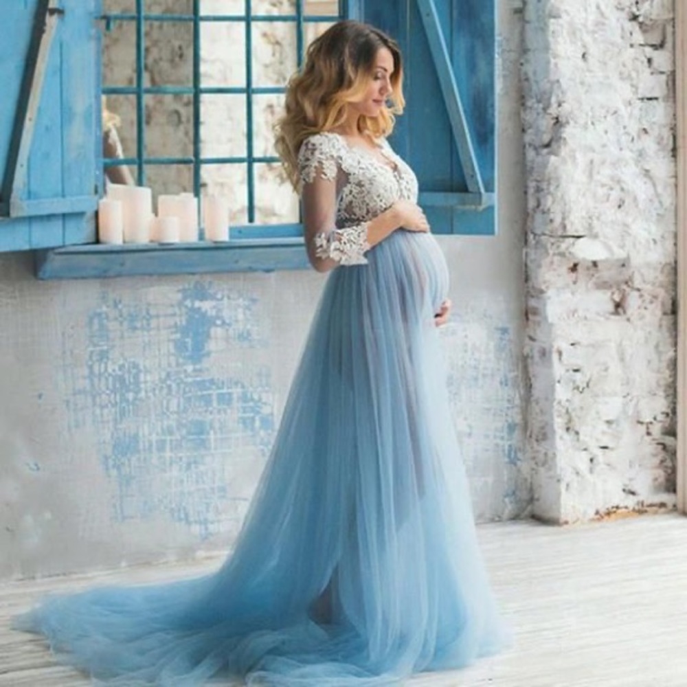 Romantic 3-4 Sleeves Baby Blue Long Pregnant Prom Dress